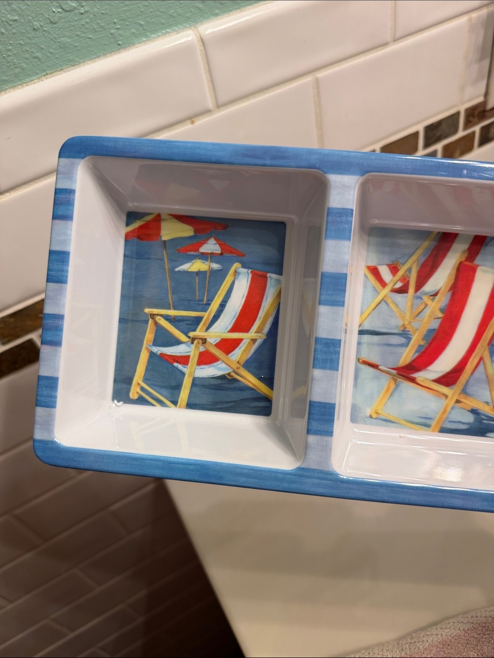 Beach Stripe Triple Serving Dish - Blue, White, Red - Picture 3 of 4